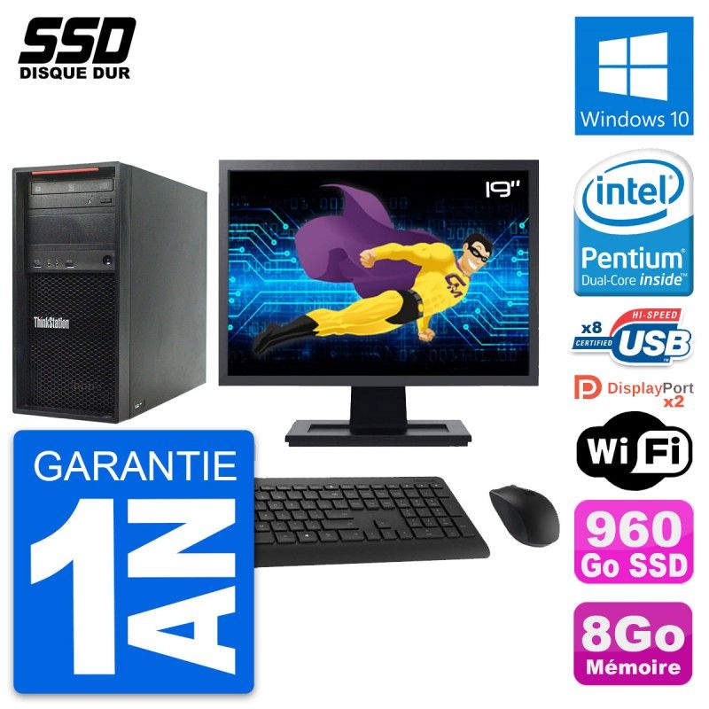 Ordinateur de bureau Lenovo ThinkStation P300 - Écran 19 pouces, Processeur Intel Pentium G3220, 8 Go de RAM, 960 Go SSD, Windows 10, WiFi