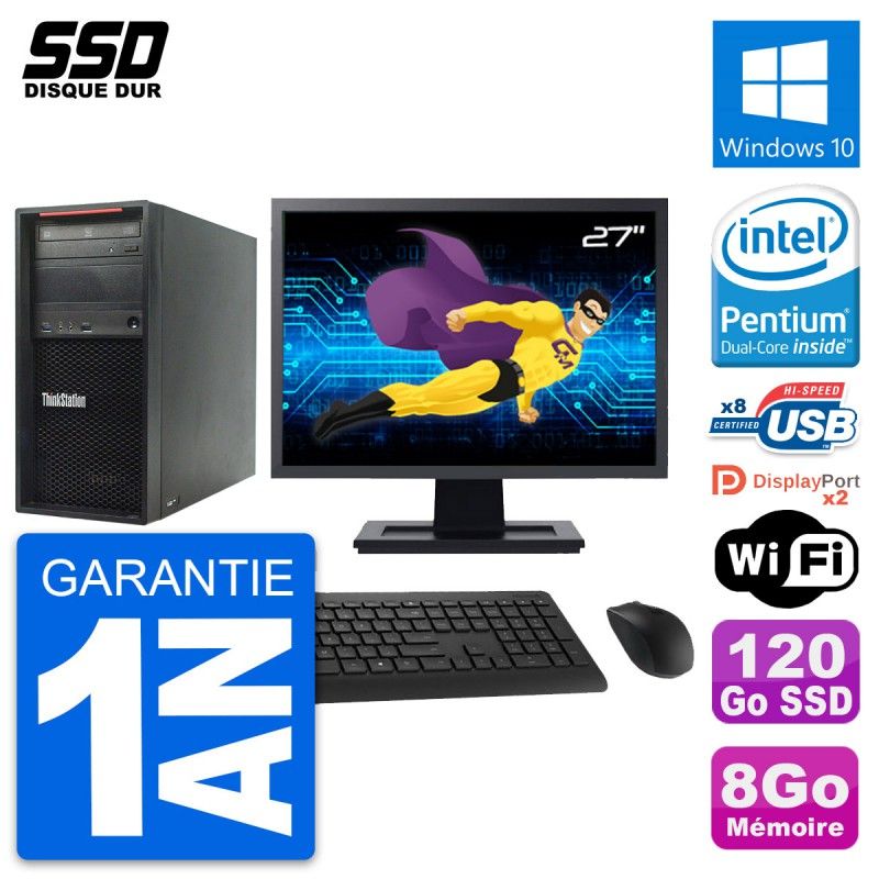 Ordinateur de bureau Lenovo P300 - Écran 27'', Processeur Intel G3220, 8 Go de RAM, 120 Go SSD, Windows 10, WiFi