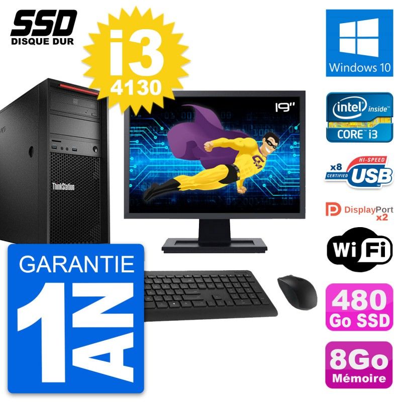Ordinateur de bureau Lenovo P300, écran 19'', processeur Intel i3-4130, 8 Go de RAM, SSD 480 Go, Windows 10, Wi-Fi