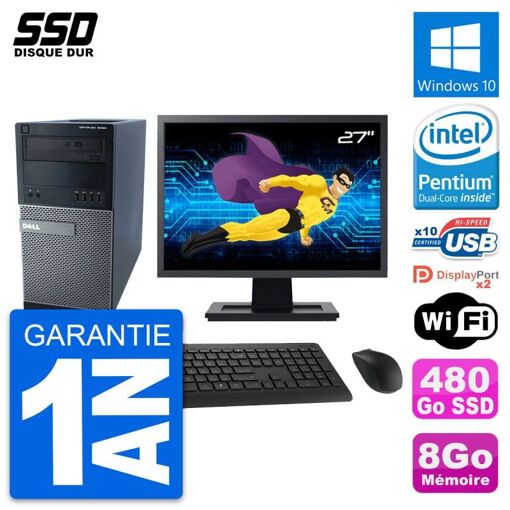 PC de escritorio Dell Optiplex 9020 - Pantalla de 27'', Procesador Intel Pentium G3220, 8 GB de RAM, 480 GB SSD, Windows 10, WiFi