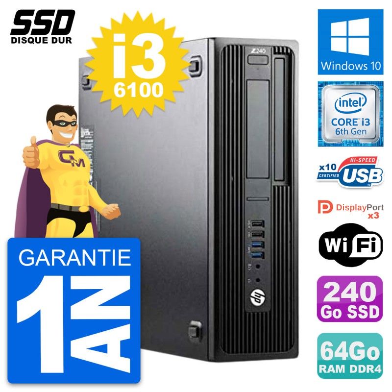 HP WorkStation Z240 SFF - Intel Core i3-6100, 64GB RAM, 240GB SSD, Windows 10, WiFi