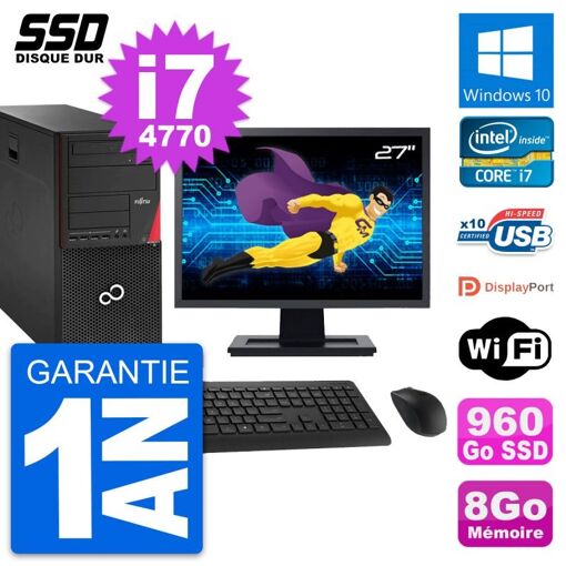Torre Fujitsu P920 - Monitor de 27", Intel i7-4770, 8GB de RAM, 960GB SSD, Windows 10, WiFi