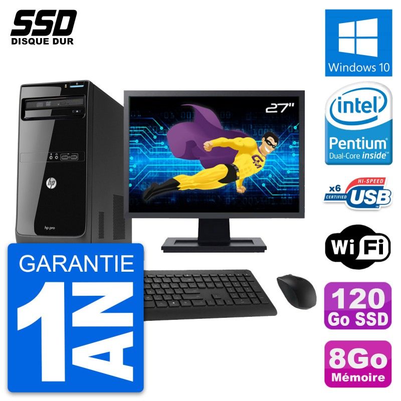 HP Pro 3400 MT Desktop PC - 27" Screen, Intel Pentium G630, 8GB RAM, 120GB SSD, Windows 10, WiFi