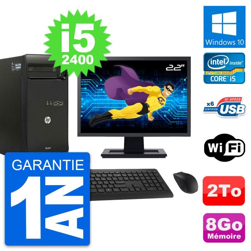 HP Pro 3400 MT Desktop PC - 22" Screen, Intel Core i5-2400, 8GB RAM, 2TB HDD, Windows 10, WiFi