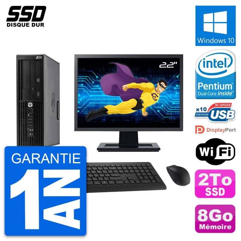 HP WorkStation Z220 SFF Computer - 22" Screen, Intel G2020, 8GB RAM, 2TB SSD, Windows 10, WiFi