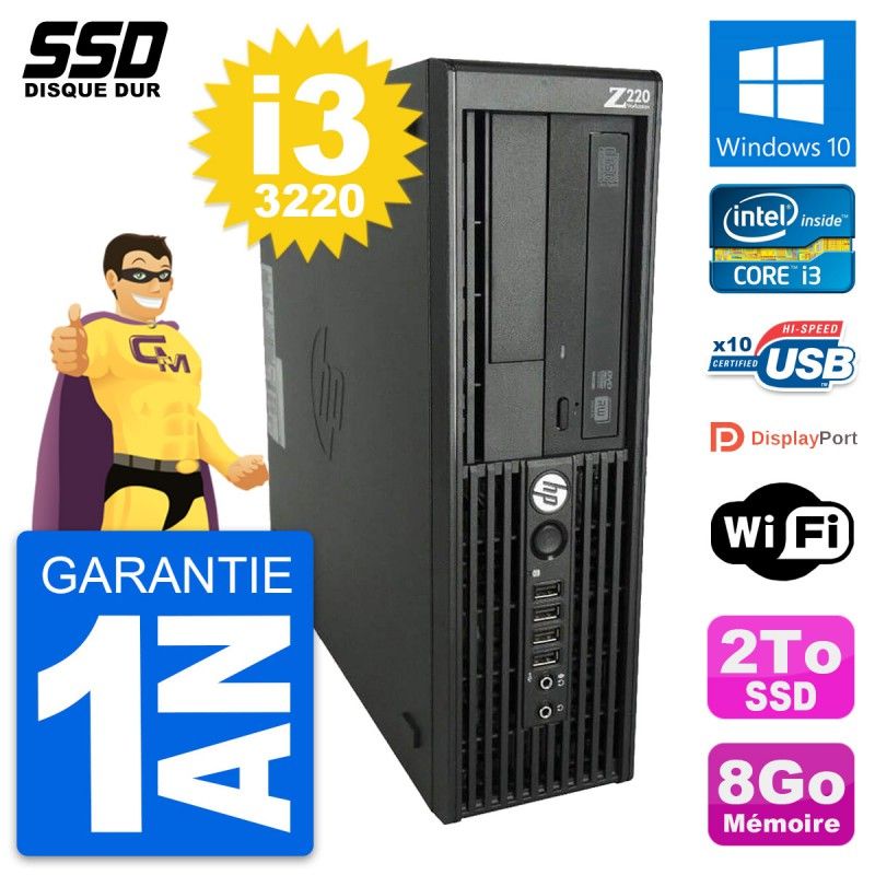 Station de travail HP Z220 SFF - Processeur Intel Core i3-3220, 8 Go de RAM, 2 To SSD, Windows 10, Wi-Fi
