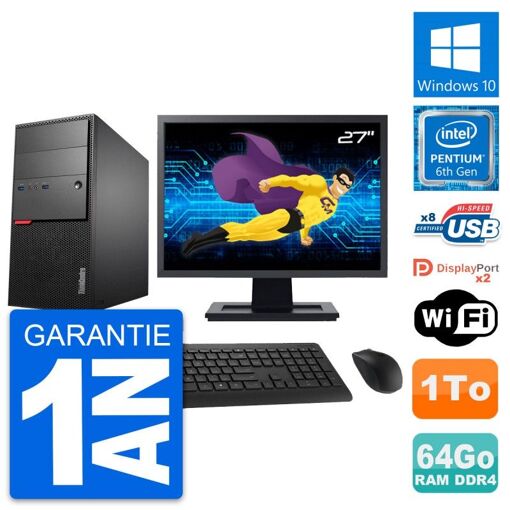 PC de escritorio Lenovo ThinkCentre M800, pantalla de 27', procesador Intel Pentium Dual-Core G4400, 64 GB de RAM, 1 TB HDD, Windows 10, WiFi