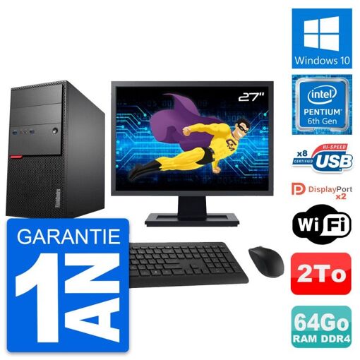 Ordenador de escritorio Lenovo M800 - Pantalla de 27', Procesador Intel Pentium G4400, 64 GB de RAM, Disco duro de 2 TB, Windows 10