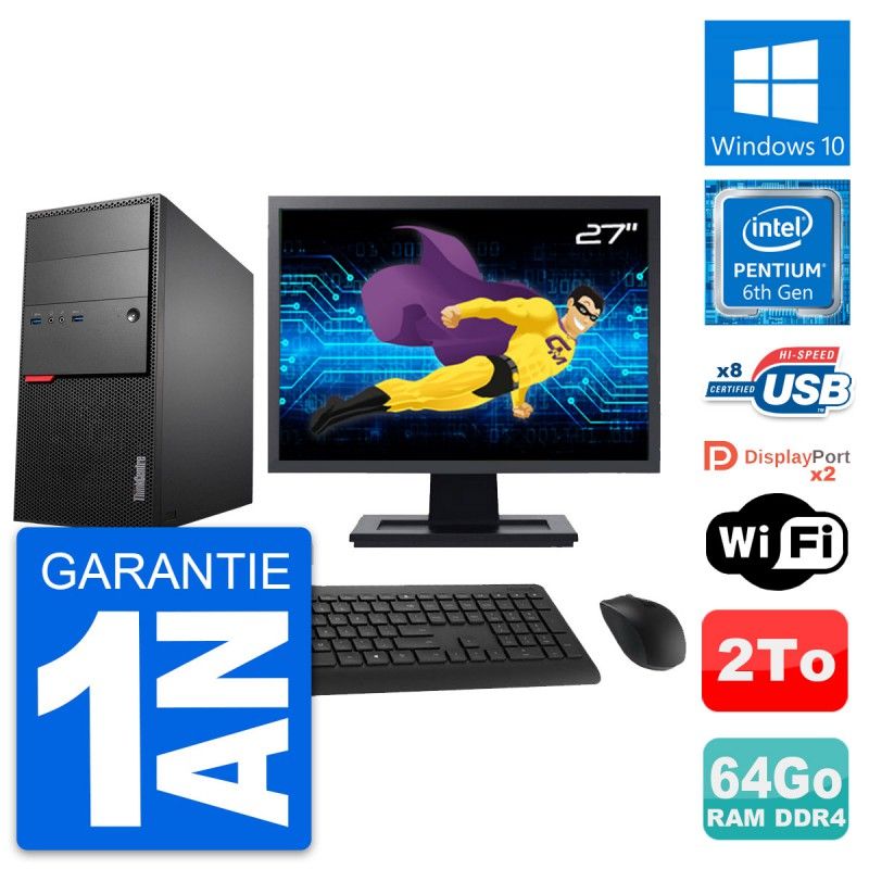 Lenovo M800 Desktop Computer - 27" Screen, Intel Pentium G4400, 64GB RAM, 2TB HDD, Windows 10