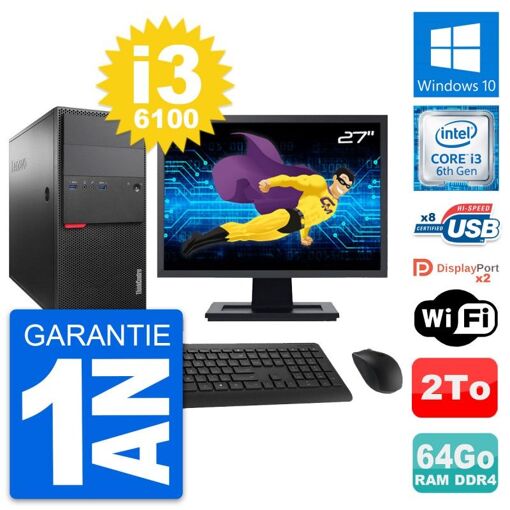 Computadora de escritorio Lenovo M800 - Pantalla de 27'', Intel i3-6100, 64 GB de RAM, 2 TB HDD, Windows 10, WiFi