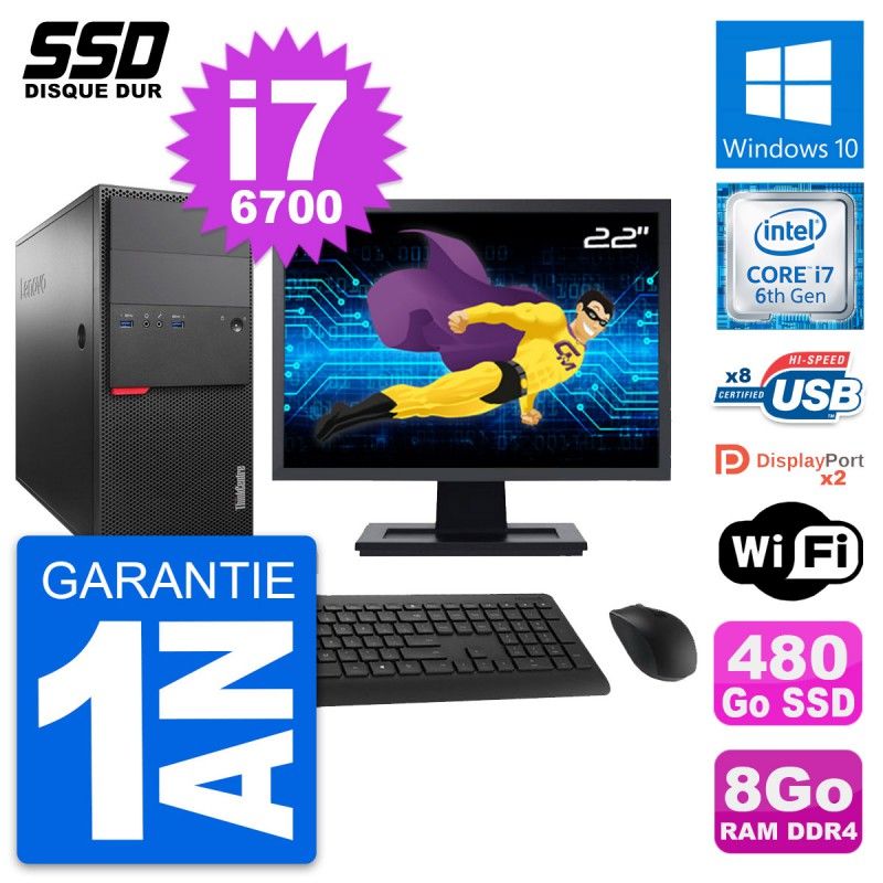 Lenovo M800 Desktop Computer, 22" Screen, Intel i7-6700, 8GB RAM, 480GB SSD, Windows 10, Wifi