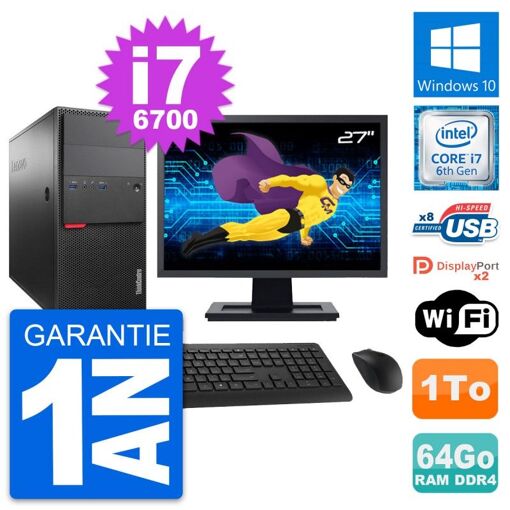 PC de sobremesa Lenovo M800 - Pantalla de 27'', Intel i7-6700, 64GB de RAM, 1TB de almacenamiento, Windows 10