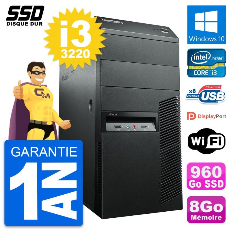 Lenovo ThinkCentre M92p Desktop PC - Intel i3-3220, 8GB RAM, 960GB SSD, Windows 10, WiFi