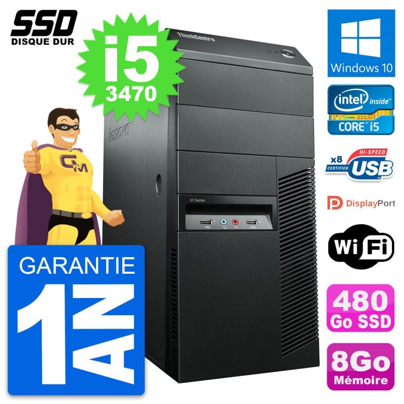 Lenovo ThinkCentre M92p Desktop PC - Intel i5-3470, 8GB RAM, 480GB SSD, Windows 10, WiFi