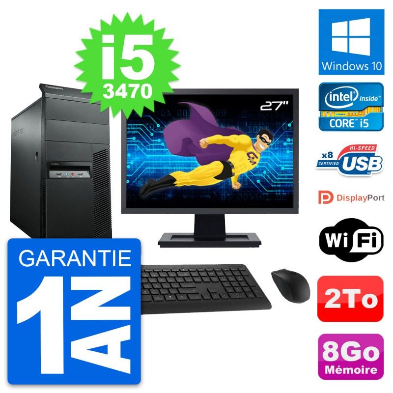 Lenovo M92p Desktop Computer, 27" Screen, Intel i5-3470, 8GB RAM, 2TB HDD, Windows 10, WiFi