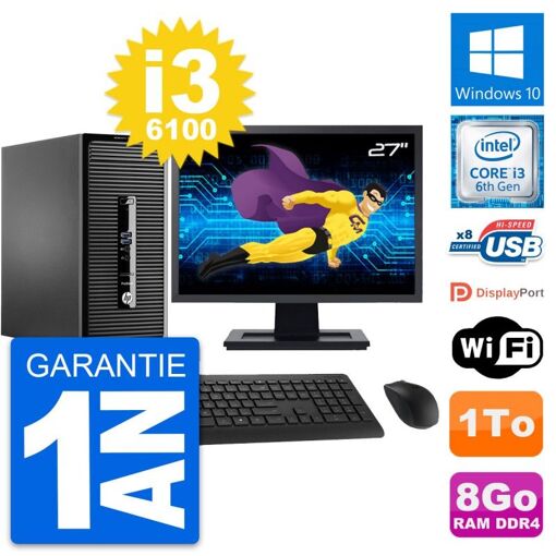 PC de escritorio HP ProDesk 400 G3 MT - Pantalla de 27'', procesador Intel i3-6100, 8 GB de RAM, disco duro de 1 TB, Windows 10, WiFi