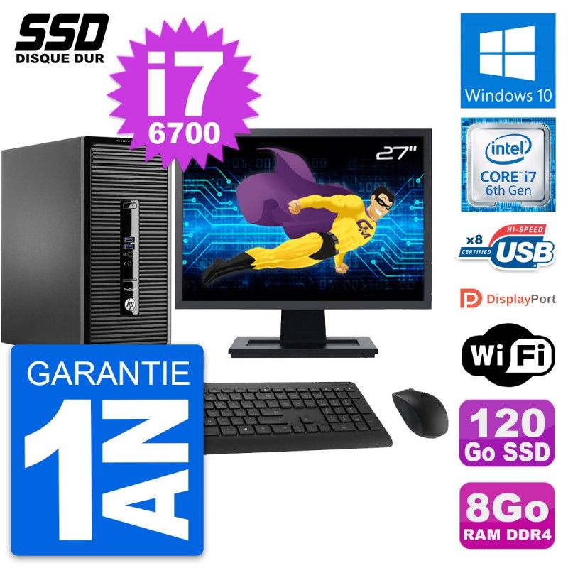 HP ProDesk 400 G3 MT Desktop PC - 27" Screen, Intel i7-6700, 8GB RAM, 120GB SSD