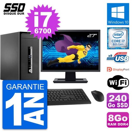 PC de escritorio HP ProDesk 400 G3 MT - Pantalla de 27", Procesador Intel i7-6700, 8 GB de RAM, 240 GB SSD, Windows 10, WiFi