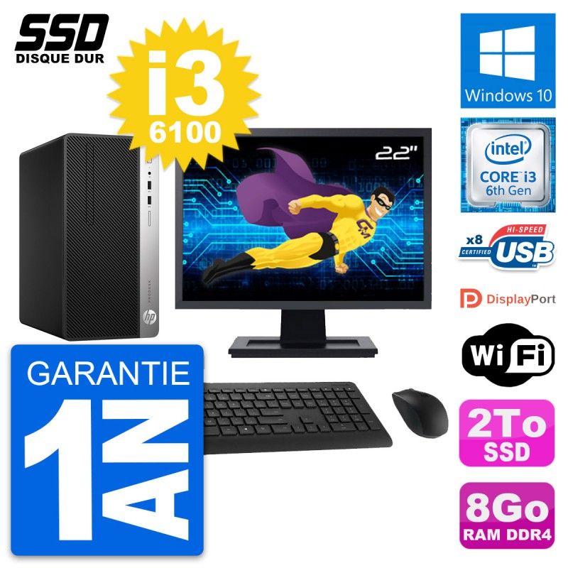 HP ProDesk 400 G4 MT Desktop PC - 22" Screen, i3-6100, 8GB RAM, 2TB SSD, Windows 10, Wifi