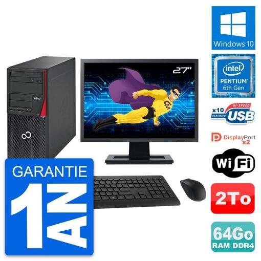 Torre Fujitsu P756 - Pantalla de 27', Procesador Intel Pentium Dual-Core G4400, 64 GB de RAM, 2 TB HDD, Windows 10, WiFi