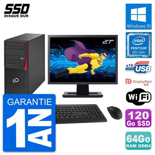 PC de escritorio Fujitsu P756 - Pantalla de 27', Procesador Intel Pentium G4400, 64GB de RAM, 120GB SSD, Windows 10, WiFi