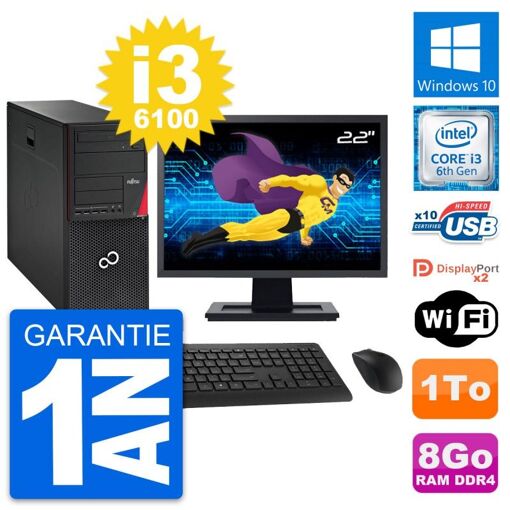 Torre PC Fujitsu P756 - 22 pulgadas, Intel i3-6100, 8 GB de RAM, 1 TB HDD, Windows 10, WiFi