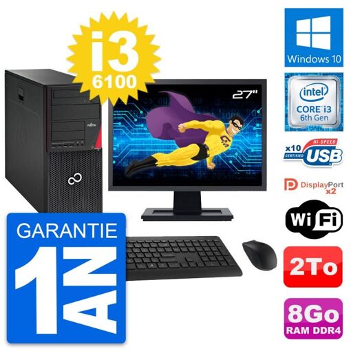 PC de torre Fujitsu P756 - Pantalla de 27'', Intel i3-6100, 8 GB RAM, 2 TB HDD, Windows 10, WiFi