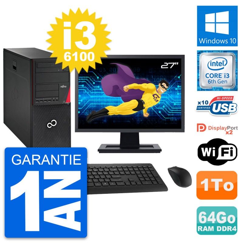 Fujitsu P756 27-Inch All-in-One PC - Intel i3-6100, 64GB RAM, 1TB HDD, Windows 10