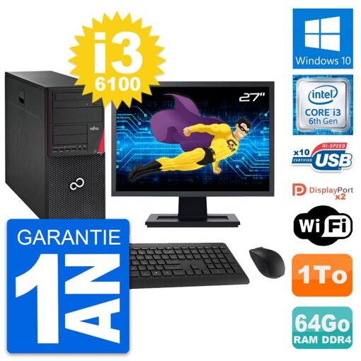 PC todo en uno Fujitsu P756 de 27 pulgadas - Intel i3-6100, 64 GB de RAM, 1 TB HDD, Windows 10