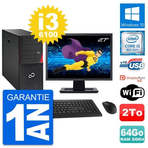 Torre de PC Fujitsu P756 - Pantalla de 27', Intel i3-6100, 64 GB RAM, 2 TB HDD, Windows 10, WiFi