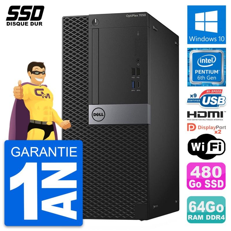 Dell OptiPlex 7050 Desktop PC - Intel Pentium G4400, 64GB RAM, 480GB SSD, HDMI, WiFi, Windows 10