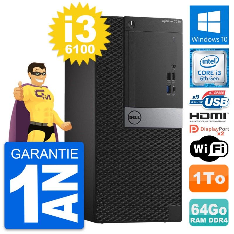 Dell OptiPlex 7050 Desktop PC - Core i3-6100, 64GB RAM, 1TB HDD, HDMI, WiFi