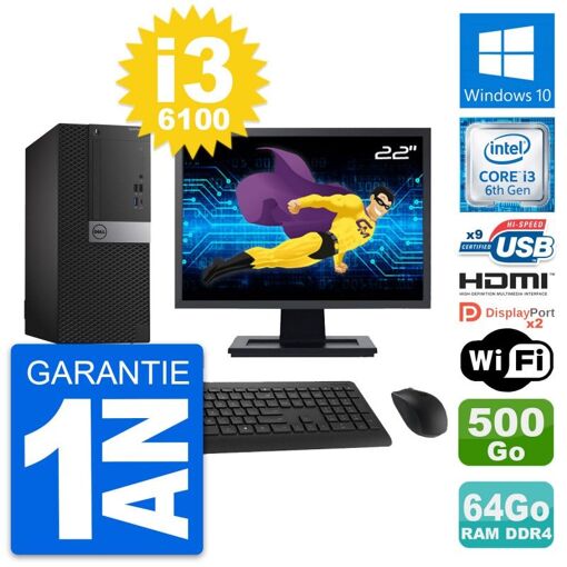 Computadora de escritorio Dell OptiPlex 7050, pantalla de 22', i3-6100, 64 GB de RAM, 500 GB HDD, HDMI, WiFi