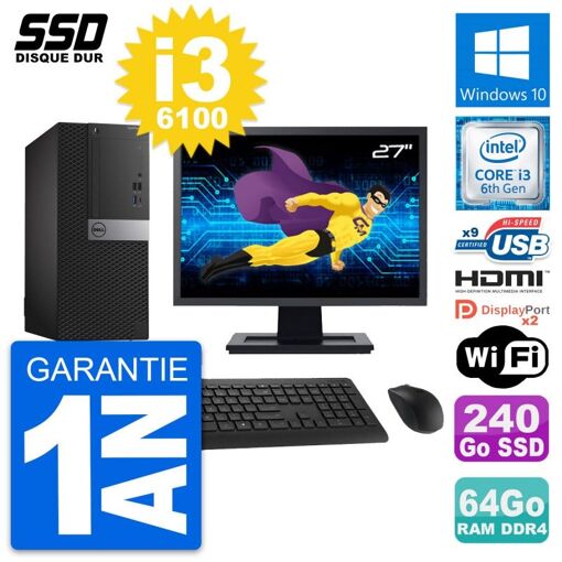Computadora de escritorio Dell OptiPlex 7050 - Pantalla de 27', Core i3-6100, 64GB de RAM, 240GB SSD