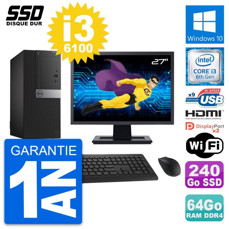 Dell OptiPlex 7050 Desktop Computer - 27" Screen, Core i3-6100, 64GB RAM, 240GB SSD