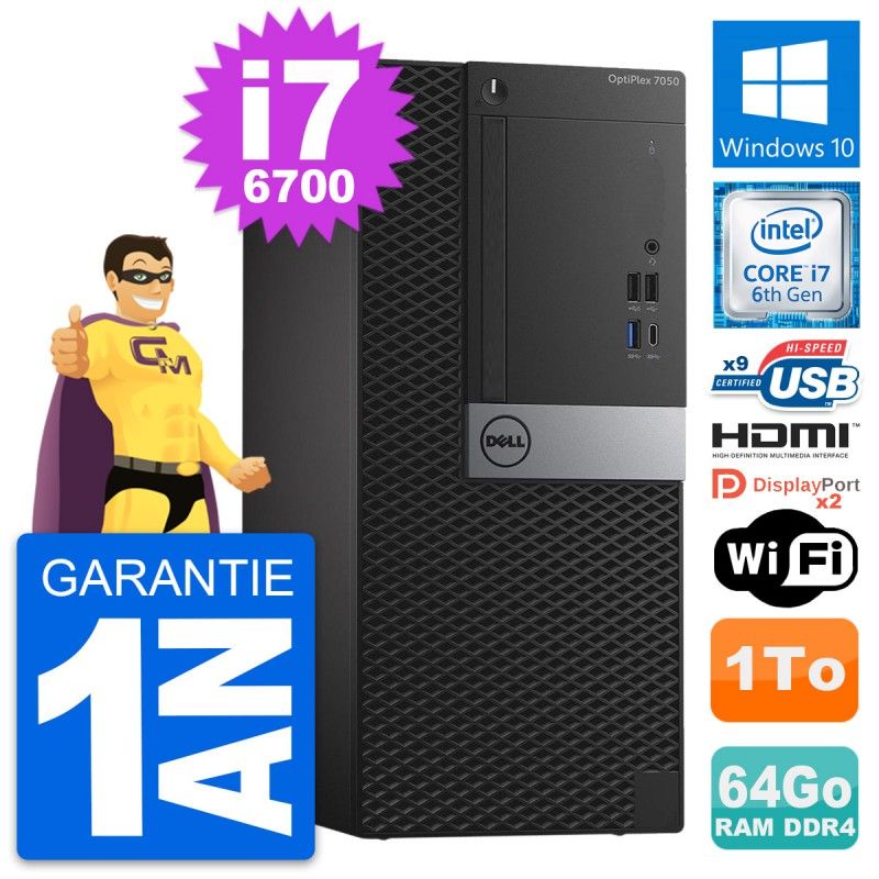 Dell OptiPlex 7050 Tower PC - Core i7-6700, 64GB RAM, 1TB HDD, Windows 10