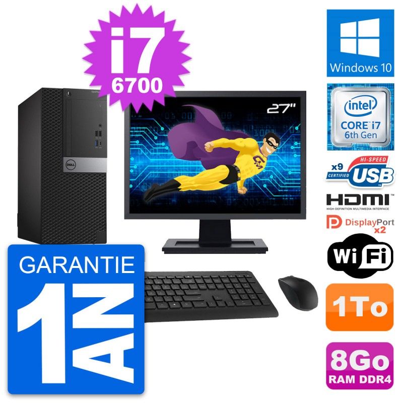 Dell OptiPlex 7050 Desktop PC - 27" Screen, Core i7-6700, 8GB RAM, 1TB HDD, HDMI, Wi-Fi