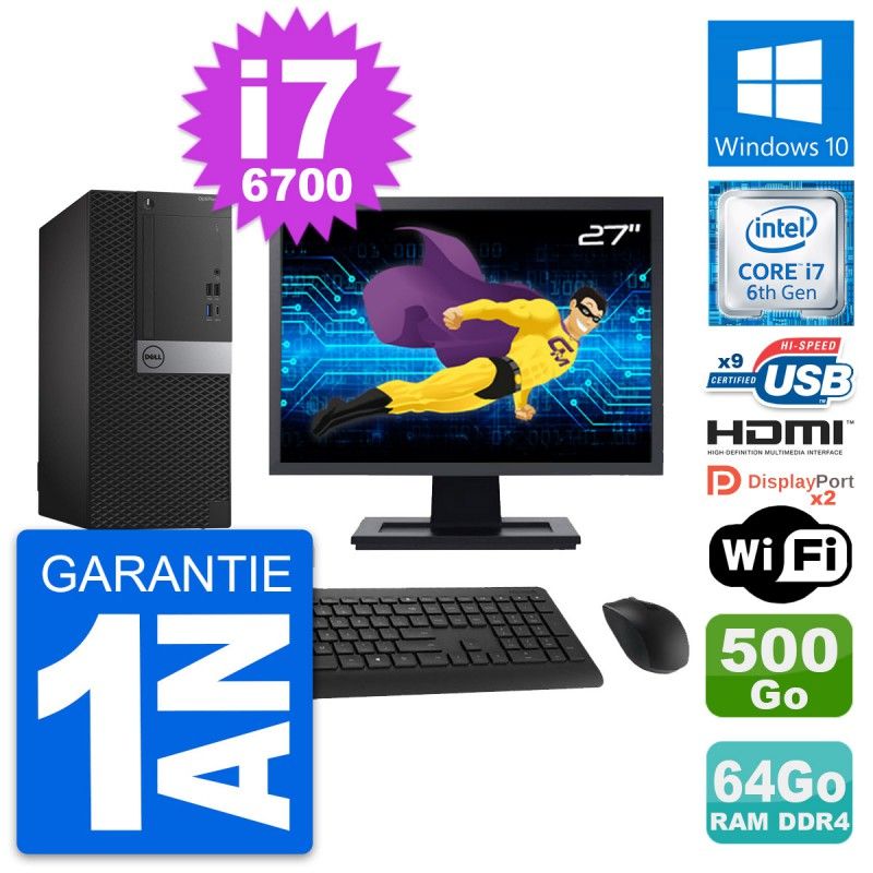 Dell OptiPlex 7050 Desktop Computer - 27" Screen, i7-6700 CPU, 64GB RAM, 500GB Storage, HDMI