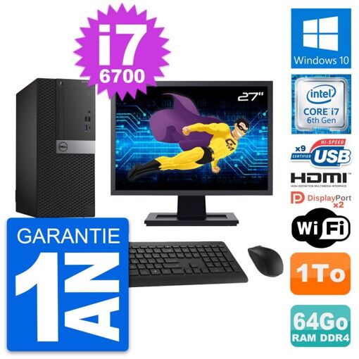 Computadora de escritorio Dell OptiPlex 7050, pantalla de 27 pulgadas, CPU i7-6700, 64GB de RAM, 1TB de almacenamiento, HDMI