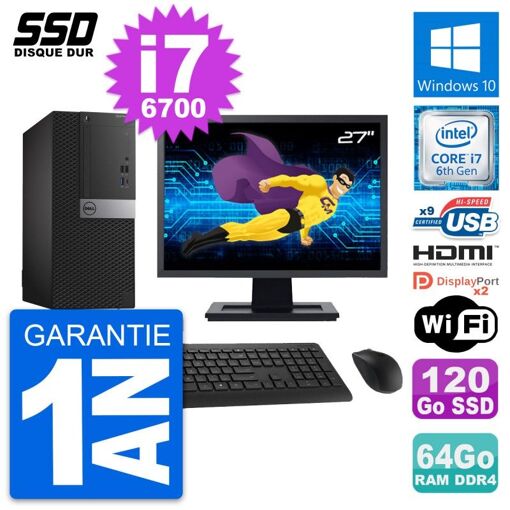 PC de escritorio Dell OptiPlex 7050 - Pantalla de 27", Intel Core i7-6700, 64 GB de RAM, 120 GB SSD, HDMI