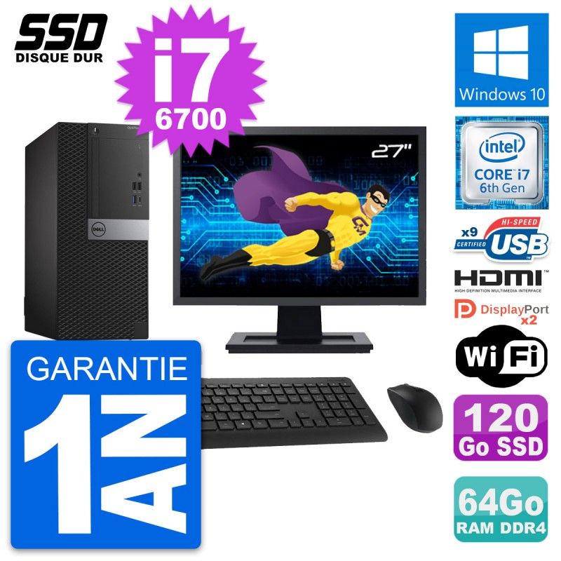 Dell OptiPlex 7050 Desktop PC - 27" Screen, Core i7-6700, 64GB RAM, 120GB SSD, HDMI