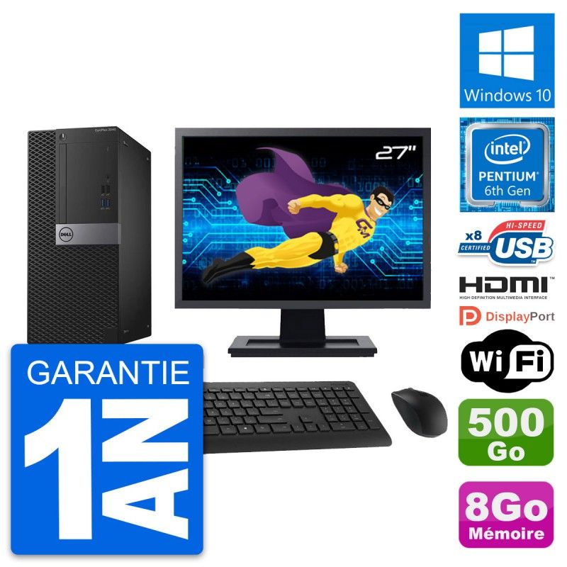 Dell OptiPlex 3040 Desktop PC - 27" Screen, Intel Pentium G4400, 8GB RAM, 500GB HDD, HDMI, Windows 10, WiFi