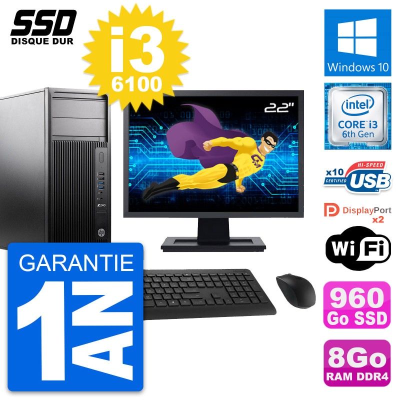 HP WorkStation Z240 Desktop PC - 22" Screen, i3-6100, 8GB RAM, 960GB SSD, Windows 10, Wifi