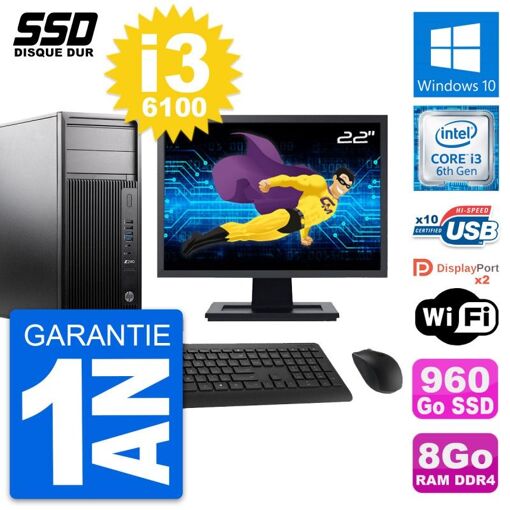 PC de sobremesa HP WorkStation Z240 - Pantalla de 22', i3-6100, 8GB RAM, 960GB SSD, Windows 10, Wifi