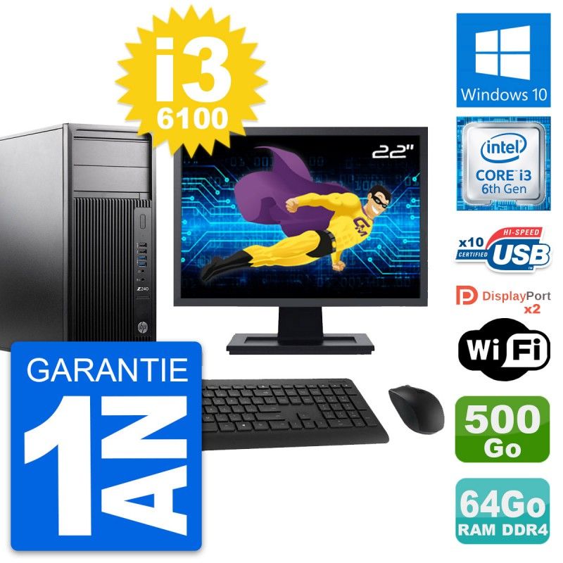 HP Z240 MT Desktop PC - 22" Screen, Intel i3-6100, 64GB RAM, 500GB HDD, Windows 10, WiFi