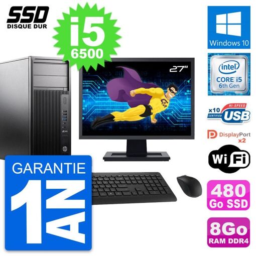 PC de estación de trabajo HP Z240 - Pantalla de 27", Intel Core i5-6500, 8 GB de RAM, 480 GB SSD, Windows 10, WiFi