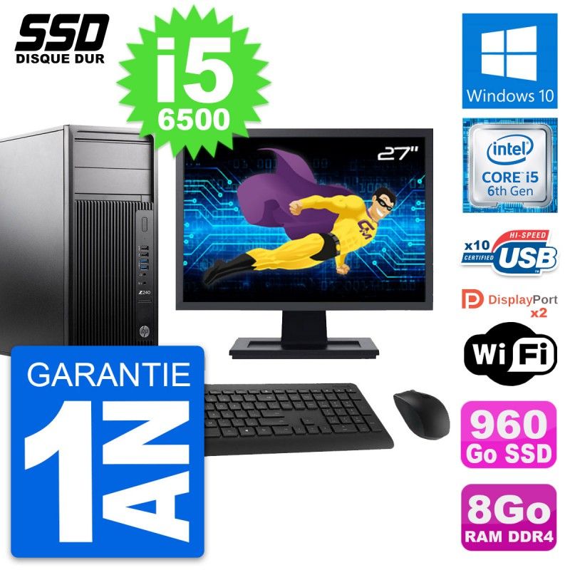 HP Z240 Workstation Computer - 27" Screen, Intel Core i5-6500, 8GB RAM, 960GB SSD, Windows 10, WiFi