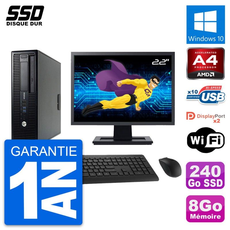 HP EliteDesk 705 G1 SFF Desktop PC - 22" Screen, AMD A4 PRO-7300B, 8GB RAM, 240GB SSD, Windows 10, Wifi