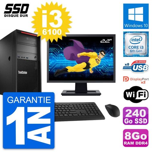 Estación de trabajo Lenovo P310 MT, Pantalla de 22", Intel i3-6100, 8GB RAM, 240GB SSD, Windows 10, Wifi