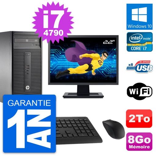 PC de escritorio HP 280 G1 MT - Pantalla de 22', Procesador Intel Core i7-4790, 8 GB de RAM, 2 TB HDD, Windows 10, WiFi
